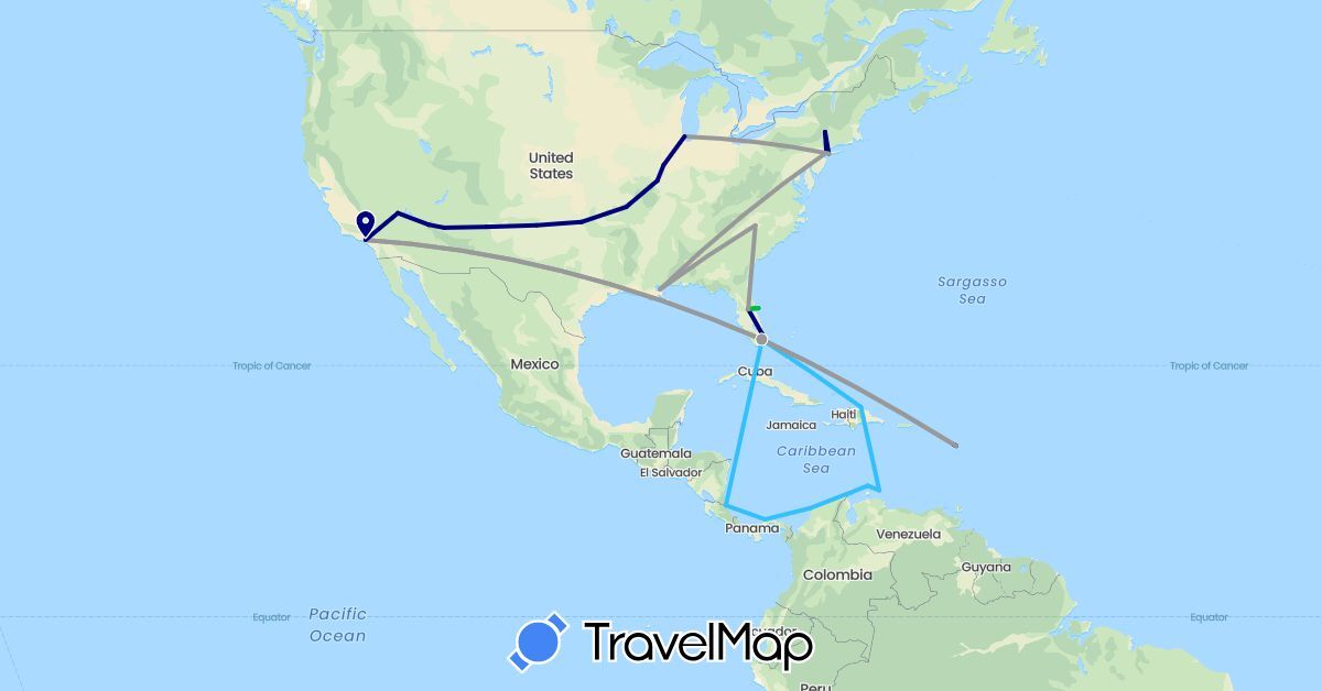TravelMap itinerary: driving, bus, plane, boat in Colombia, Costa Rica, Dominican Republic, France, Netherlands, Panama, United States (Europe, North America, South America)