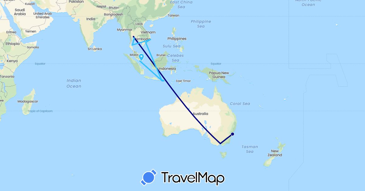 TravelMap itinerary: driving, boat in Australia, Indonesia, Singapore, Thailand, Vietnam (Asia, Oceania)